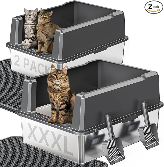 Extra Large XXL Stainless Steel Cat Litter Box with Lid, 26" L x 18" W x 12" H Metal Litter Box with Hight Sides for Big Cats & Multiple Cats, Never Absorbs Odors, Anti-Urine Leakage, Easy Cleaning
