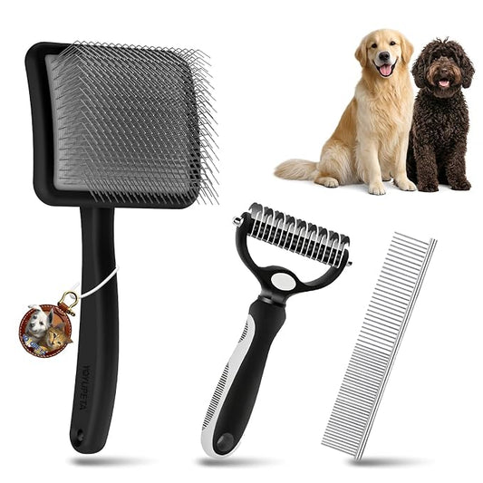 Large Dog Slicker Brush for Goldendoodles, Poodles - 3 in 1 Grooming Kit with Undercoat Rake & Comb - Extra Long Pins Slicker Brush for Dematting, Thick Coats, Shedding, Detangling, Black