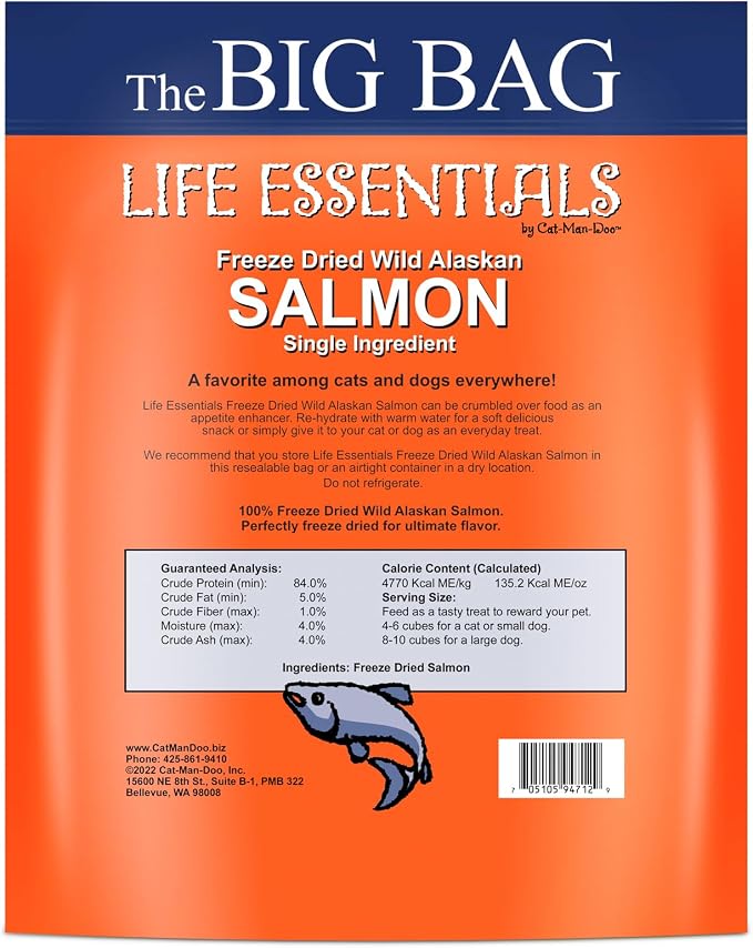 Life Essentials by Cat-Man-Doo | Salmon - 16oz. Bag | Freeze Dried Salmon Cat & Dog Treats | Healthy, Single Ingredient, Training Treats, High Protein