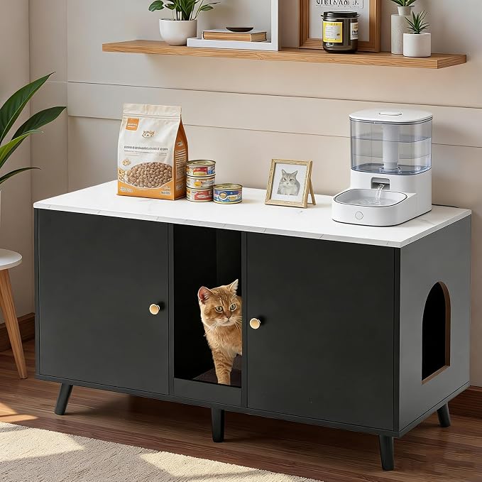 Litter Box Enclosure for Cats, Hidden Cat Litter Boxes Furniture with Cat Scratch Pad, Indoor Pet House with Double Room, Wooden TV Stand Side Table, Black