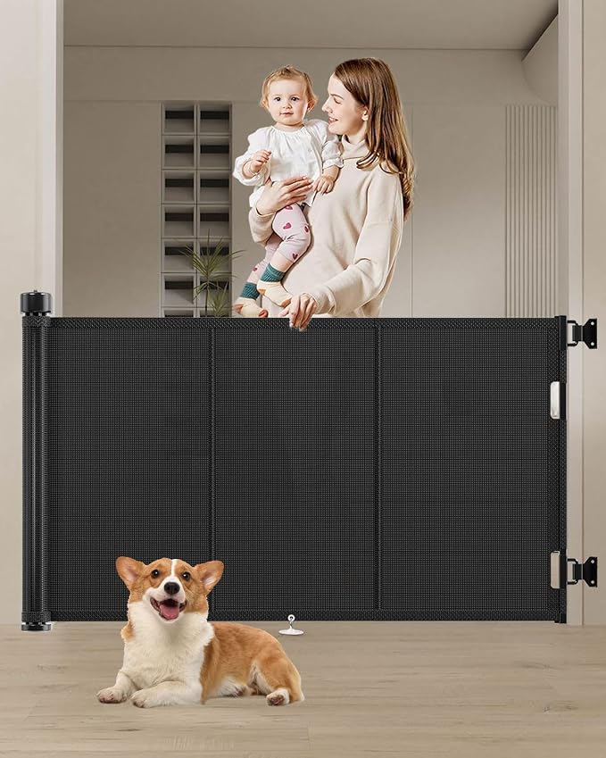 Miumoon 71 inch Retractable Baby Gates 34 inch Tall, Retractable Gate with Reinforced Strip Design to Prevent Crawling Through, 6 FT Retractable Dog Gate for Stairs, Doorways, Hallways, Indoor/Outdoor