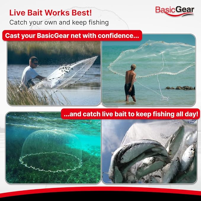 BasicGear Cast Net | 3ft-12ft Radius, 3/8 or 1/4 inch Mesh for Freshwater and Saltwater Bait Fish| Professional Grade and Upgraded Material | Throw Style
