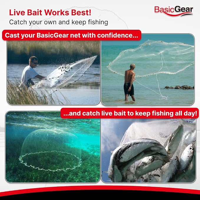 BasicGear Cast Net | 3ft-12ft Radius, 3/8 or 1/4 inch Mesh for Freshwater and Saltwater Bait Fish| Professional Grade and Upgraded Material | Throw Style