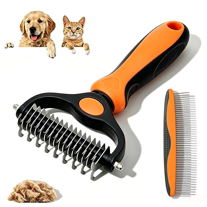 Double-sided Deshedding Pet Brush - Dual-Sided, Ergonomic & Gentle for Dogs & Cats, 2027 New Dematting Comb for Dogs Cats for Matted Fur (Orange)