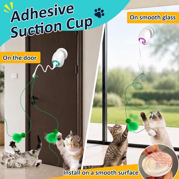 Interactive Cat Toys for Indoor Cats, Automatic Flying Feather Wand, Suction Cup Design, USB Rechargeable, Wall-Mounted Hanging Cat Toys for Bored Indoor Adult Cats