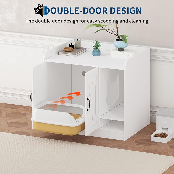 Cat Litter Box Enclosure,Hidden Litter Box Furniture with Divider,Indoor Cat House,Wooden Cat Washroom Storage Cabinet Bench, Side End Table Nightstand, 33.07" L × 23.62" W × 23.92" H,White&Brown