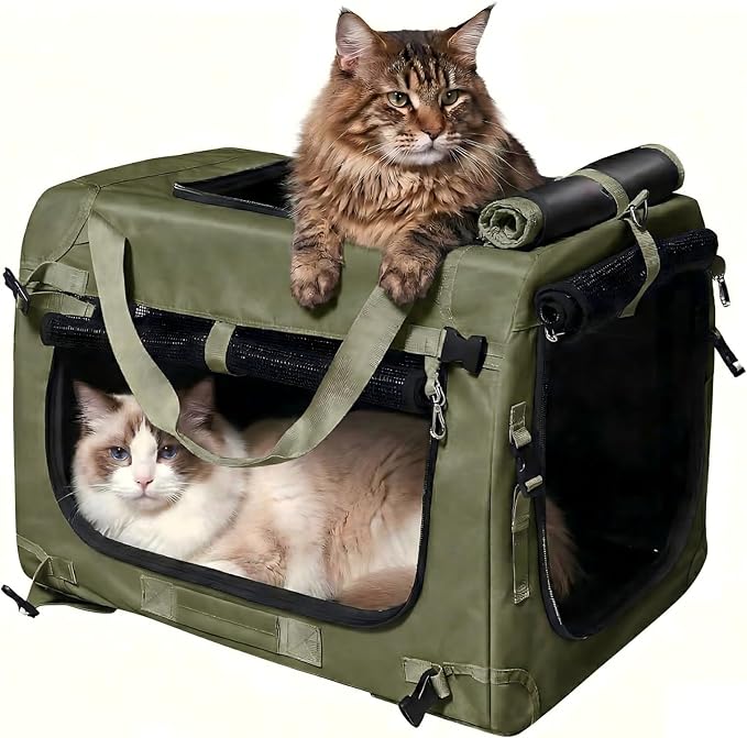 Extra Large Cat Carrier for Large Cats or 2 Small Cats - Soft-Sided Pet Carrier for Car Travel, Top Load, 4 Openings, Anti-Sag Iron Frame, Anti-Sagging pad, Zipper Lock Buckle, Foldable, Green