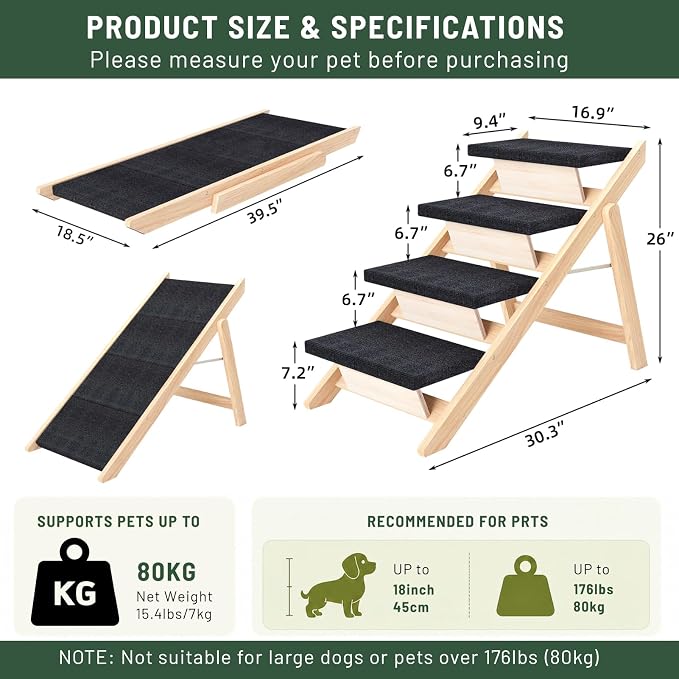 Dog Stairs/Ramp for Bed, Wooden 2-in-1 Foldable Pet Stairs & Ramp, Portable Dog Ladder Up to 180 Pound for Elderly/Short-Legged Dogs, 4 Steps for Beds, Couch