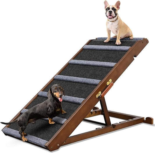 Dog Ramp for Bed, Extra Wide 17", Non-Slip Rubber Surface, Adjustable Folding Pet Ramps for Small & Large Dogs up to 200lbs, Walnut Wood Stairs for Old Dachshund/Labrador to Get on High Couch or Car