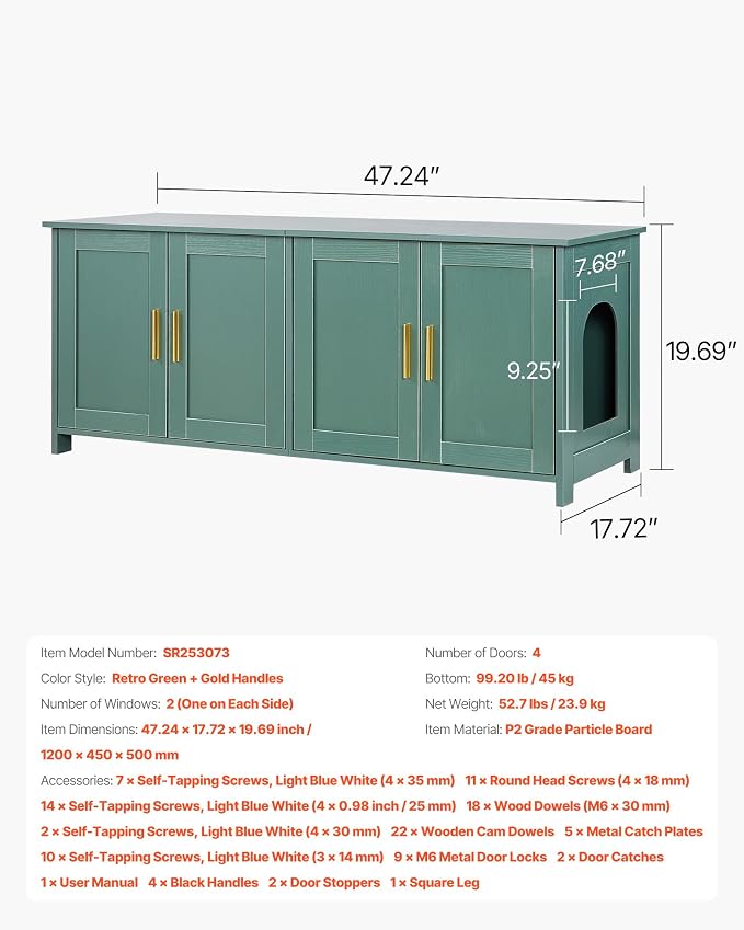 VEVOR Cat Litter Box Enclosure for Multi Cats, 47.2 in Hidden Litter Box Cabinet with 4 Doors & 2 Entries, Indoor Cat Washroom, Wooden Kitty House Furniture Side Table, Fit Most Litterboxes, Green