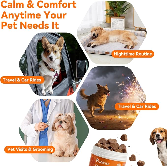 PUAINTA Dog Calming Chews – Magnesium Glycinate & Melatonin for Dogs, 4 Herbal Ingredients for Anxiety Relief, Stress & Travel Support, Chicken Flavor (90 Count)