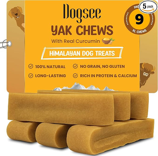 Dogsee Himalayan Yak Chews with Turmeric/Curcumin 3lb (XL - 9 Bars) for Large Dogs, 60% Protein, Help Alleviate Joint Pain Rawhide-Free Anti Inflamatory