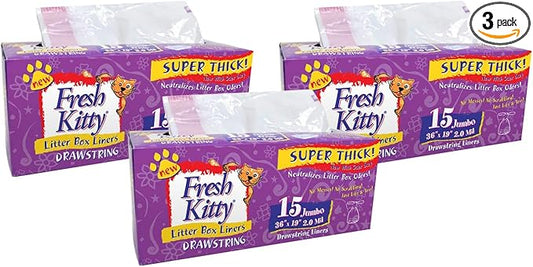15 Count Fresh Kitty Litter Box Liners Super Thick, Durable, Easy Clean Up Jumbo Drawstring Scented Litter Pan Box Liners, Bags for Pet Cats (Pack of 3)