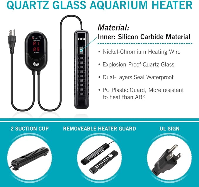 AQQA Aquarium Heater 200W for 45-80 Gallon Submersible Fish Tank Heater for Aquarium Betta Fish Heater Aquarium Thermostat Heater Freshwater and Saltwater (200W for 45-80 Gal)