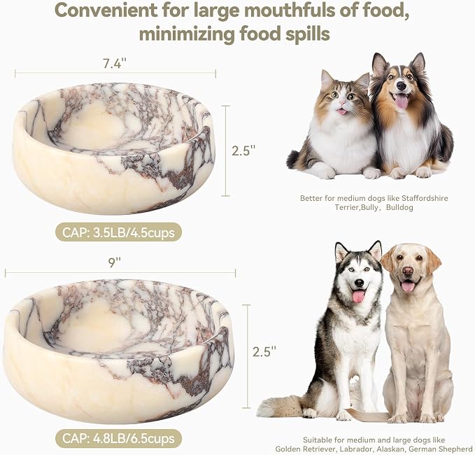 Karibiber Calacatta Marble Dog Bowl, 5lbs Weighted Dog Food Bowl, Non-Slip Large Heavy Water Bowls, Cute Purple Stone Food and Water Dish for Medium Dogs, Natural Marble, Easy to Clean, Holds 4 Cups