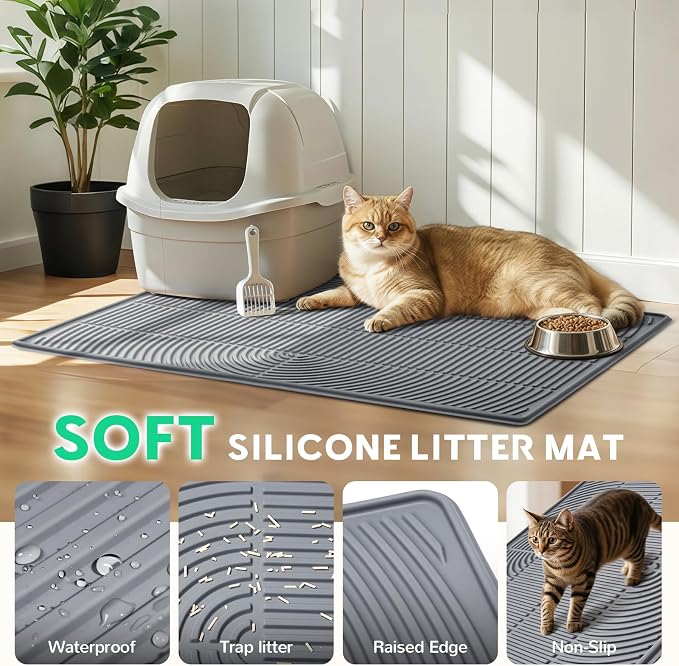 Pawtasy Cat Litter Box Mat,47" x 35" Extra Large Silicone Waterproof Litter Trapping Mat for Scatter Control Soft on Kitty Paws Non-Slip Easy to Clean
