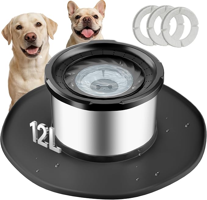 Decflow 12L No Spill Dog Water Bowl for Large Dogs, Stainless Steel Spill Proof Bowls with Suction Cup Anti-Skid Mat, Slow Feeder for Messy Drinkers, Heavy Duty Pet Bowls for Indoor/Outdoor Black