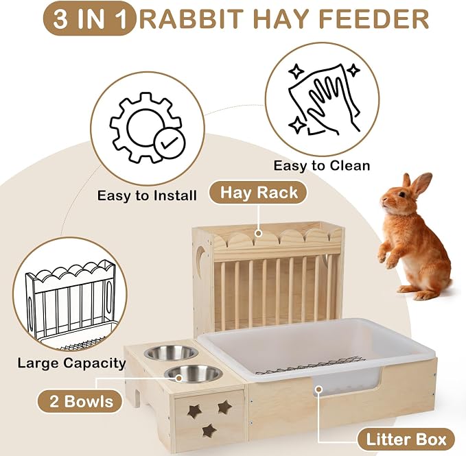 Upgraded 3‑in‑1 Wooden Rabbit Hay Feeder and Litter Box Combo | Extra Large, Mess‑Proof Hay Rack, Easy Clean, Stainless Steel Bowls, Small Pet Feeding Station