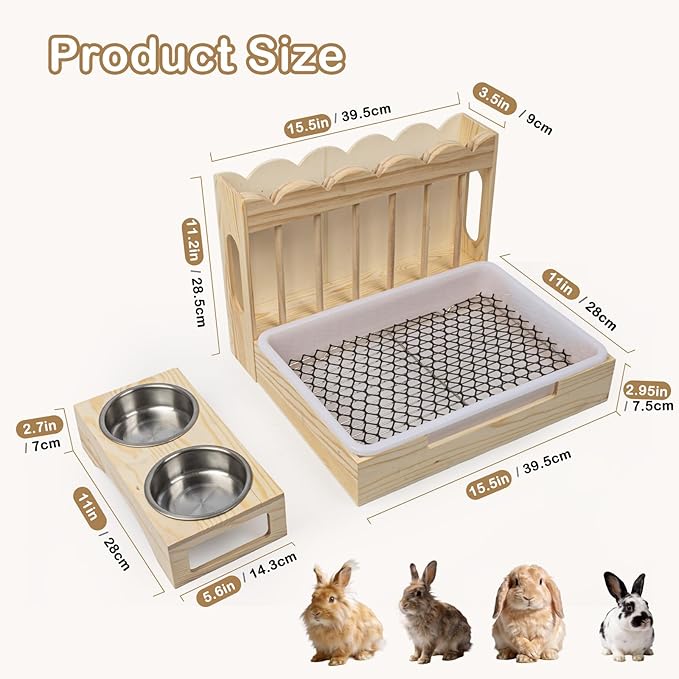 3-in-1 Wooden Rabbit Hay Feeder with Litter Box for Rabbits & Small Pets | Sturdy Wooden Hay Feeder Set for Guinea Pigs, Chinchillas, Hamsters, Ferret and Other Small Animal