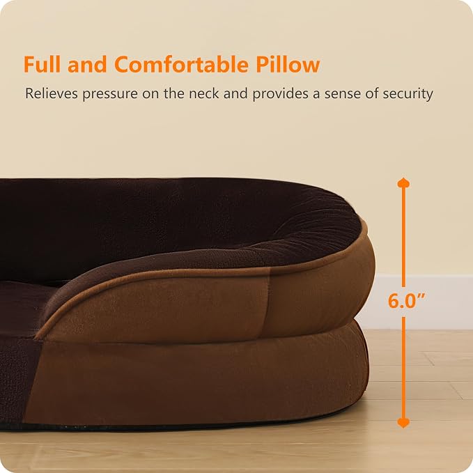 Dwanton Orthopedic Dog Bed for Large Dogs with Gel Memory Foam, Waterproof Dog Sofa, Washable Pet Bed with Four Sided Bolster Cushion, Removable Cover & Non-Slip Bottom, 38", Brown