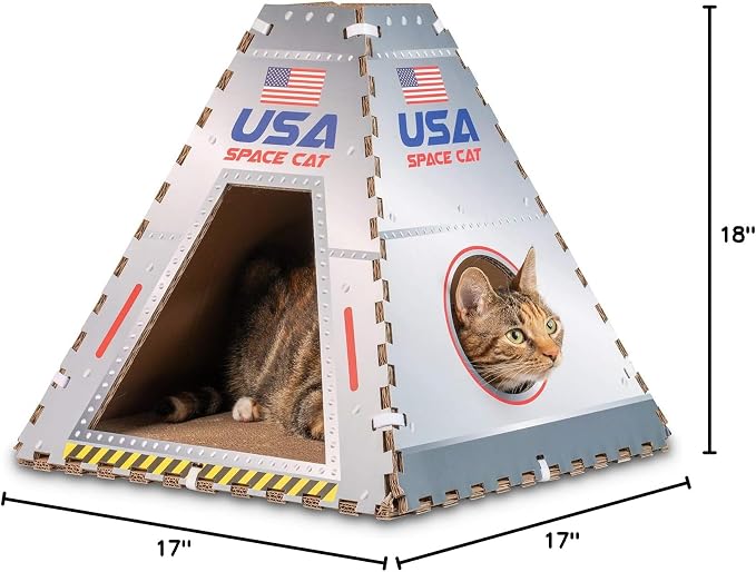 Pet Craft Supply Space House Corrugated Cardboard Cat House Condo Tent Hideaway Cave Furniture Playhouse with Scratching Board and Catnip & Silvervine Blend Scratcher for Kittens and Adult Cats