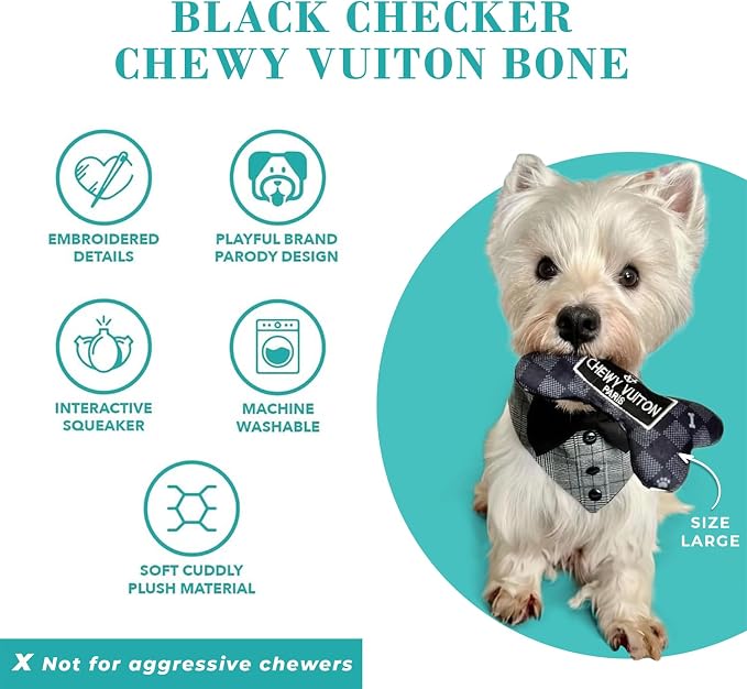 Haute Diggity Dog Chewy Vuiton Bone Plush Squeaky Dog Toy, Soft Durable Designer-Inspired Stuffed Puppy Chew Toys for Small & Medium Dogs, Machine-Washable (Black Checker) Small