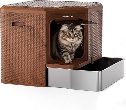Gradner Pet Cat Litter Tray, Odour-Resistant Enclosed Cat Litter Box (Stainless Steel Little Box)