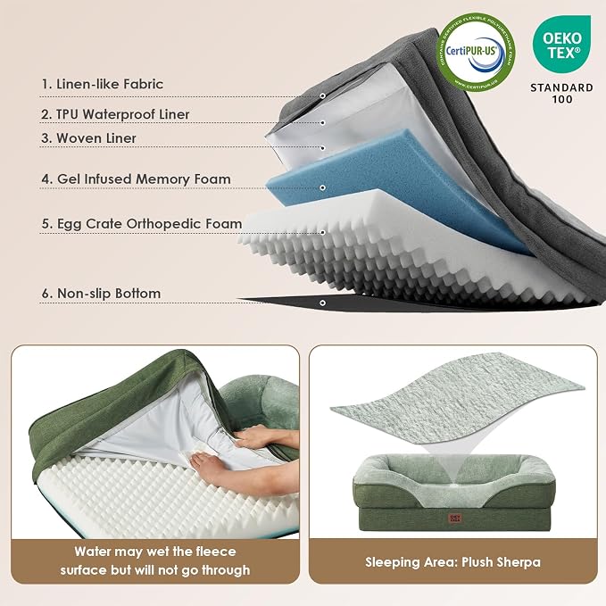 EHEYCIGA Orthopedic Dog Bed for Large Sized Dog, 41x27 Inch Large Memory Foam Dog Couch Bed with Sides, Waterproof Liner & Washable Removable Cover, Bolster Pet Sofa, Green