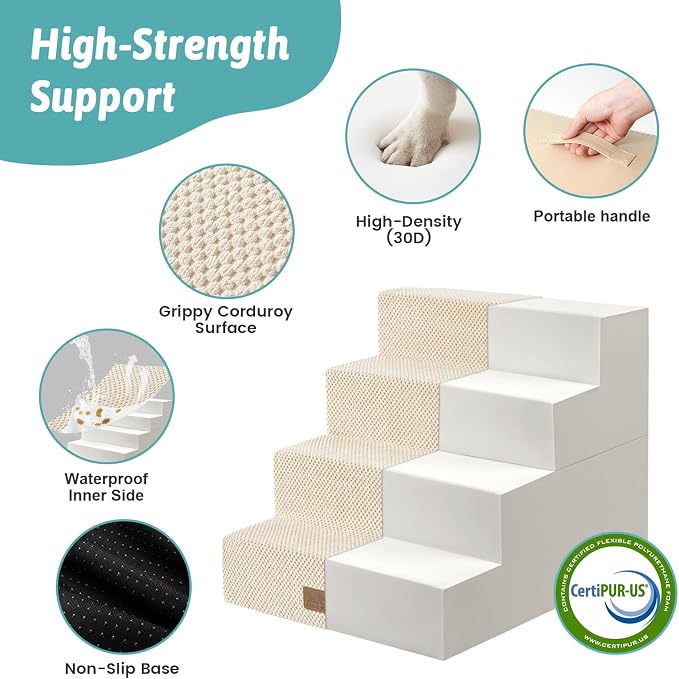 COZY KISS Dog Stairs for Small Dogs, 4 Tier Removable Pet Stairs for Couch and Bed, 17.7" H Dog Steps for Old Cats, Puppy, Small Dogs, 15.7x23.6x17.7 inch, Beige