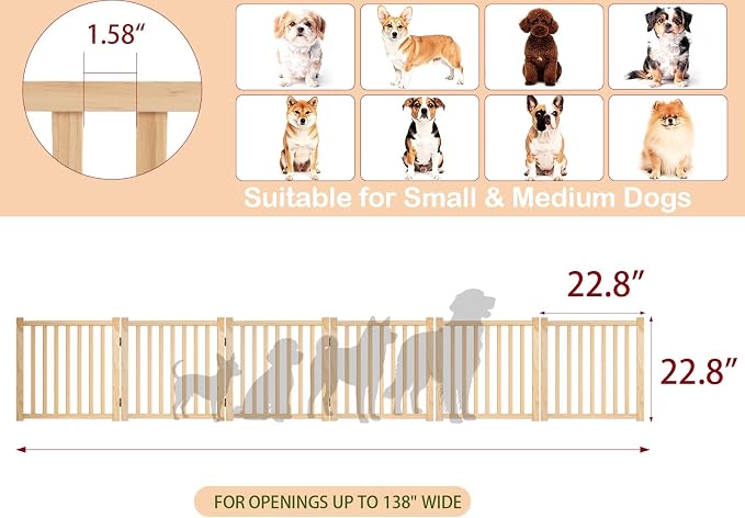 Freestanding Dog Gate Indoor, 23" H Wooden Dog Gates with Door Walk Through, No-Painted Folding Pet Fence for Stairs Doorway- 6 Panels