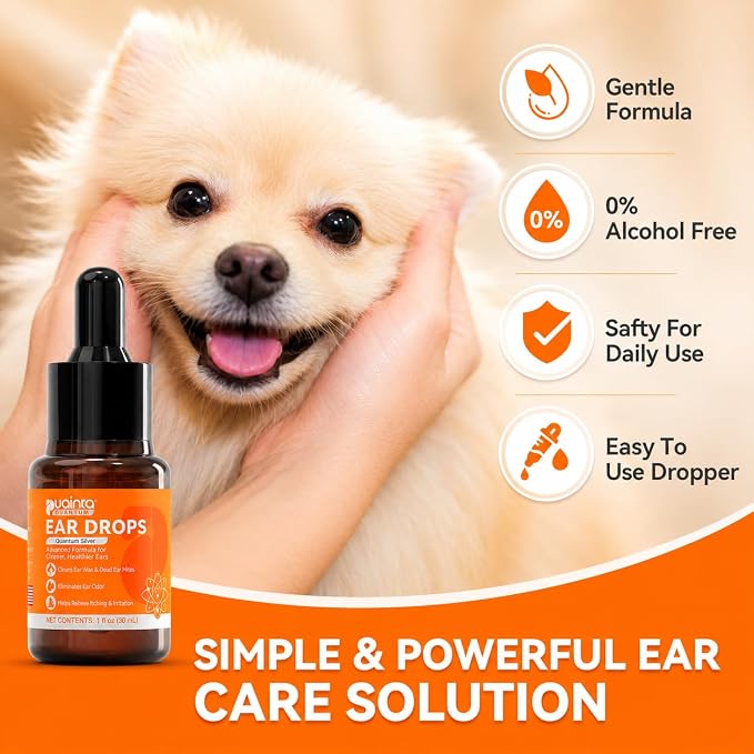 PUAINTA Dog Ear Cleaner, Natural Dog Ear Drops and Infection Treatment, Quantum Silver Dog Ear Cleaning Solution for Itching, Irritation & Wax Build-Up,2-Pack