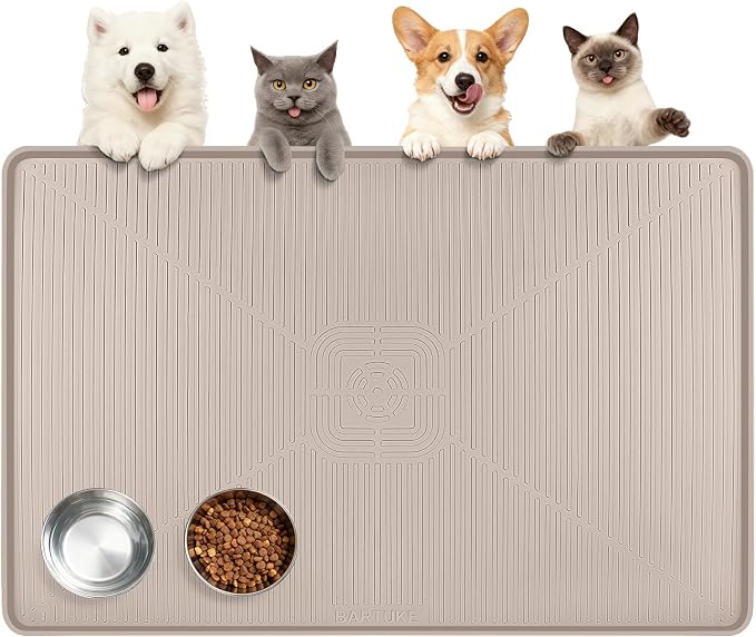 Lorvain 45" x 30" Cat Food Mat, Extra Large Silicone Pet Feeding Mat with Raised Edges, Pet Placemat for Cat Dog Food and Water Bowl Waterproof, Non-Slip, Easy to Clean, Floor Protection, Beige