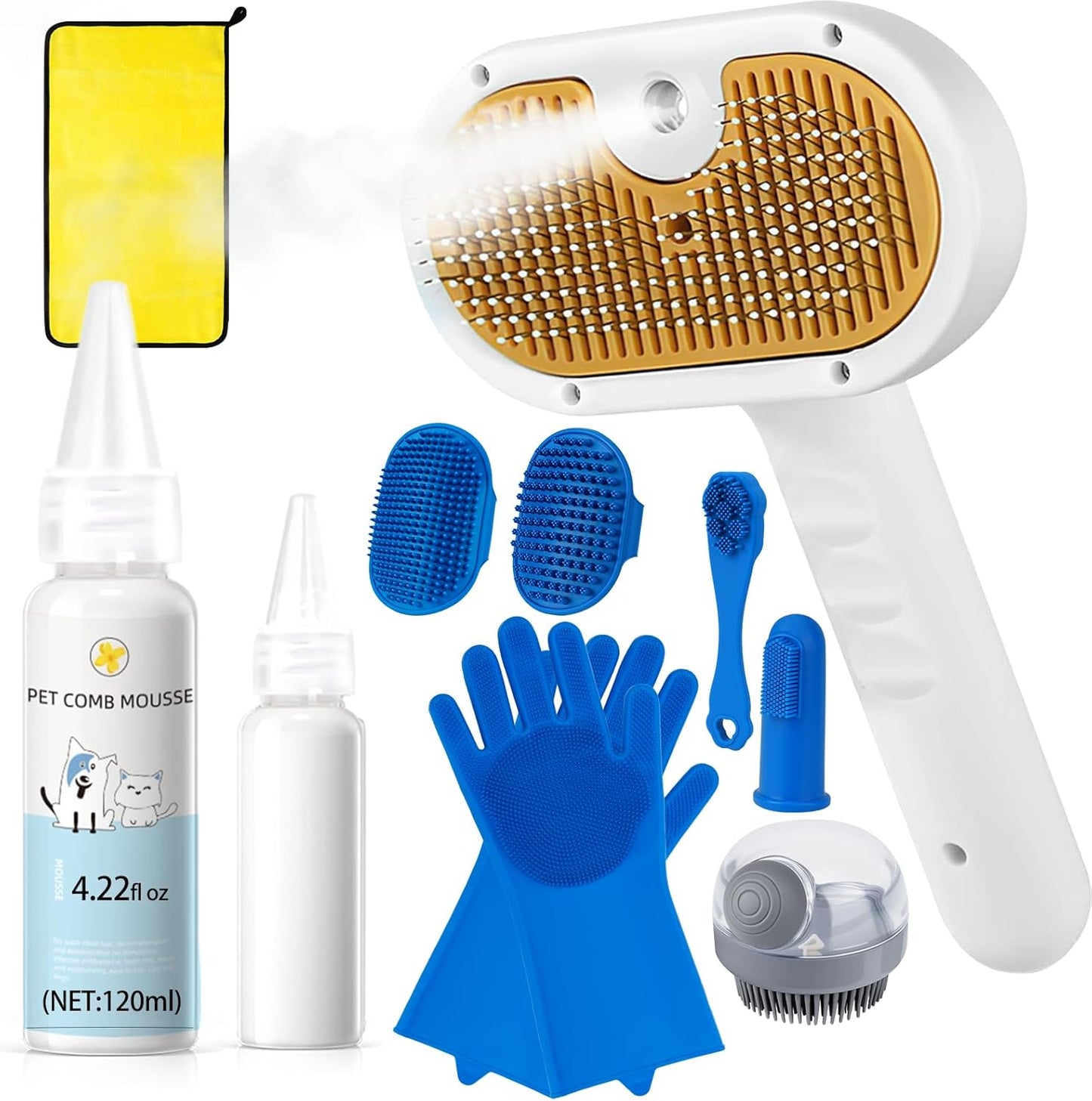 Pet Steam Brush for Dog & Cat – 3-in-1 Spray Hair Removal Comb for Shedding & Grooming Water-Free Shampoo, Bath Gloves,Bath Brush, Tooth & Ear Brush, Towel (10PCS)