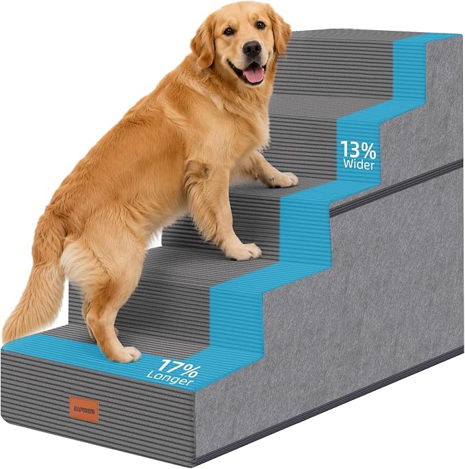 Dog Stairs for Small Dogs, 25" H, 5-Step Extra Wide Pet Steps for High Bed, Non-Slip Balanced Pet Ramp for Medium Cats,Indoor Dog Ladder, Grey