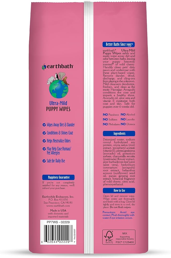 Earthbath PB6S All Natural Puppy Grooming Wipes, 100 Wipes