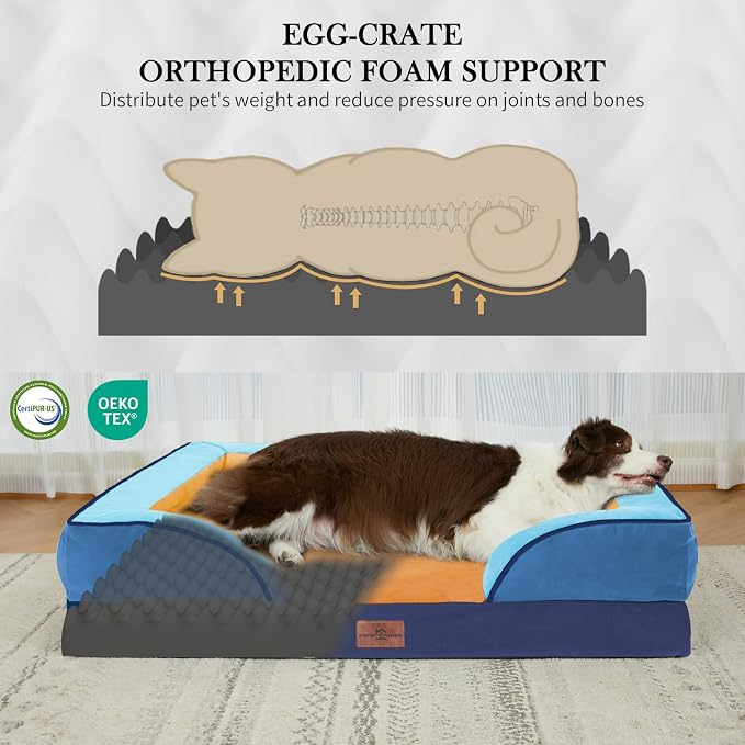 Comfort Expression Orthopedic Dog Bed for Large Dogs 36x27 Inch, Waterproof Egg Crate Foam Large Pet Bed with Bolsters, Dog Couch with Washable Cover & Non-Slip Bottom, Golden Harbor