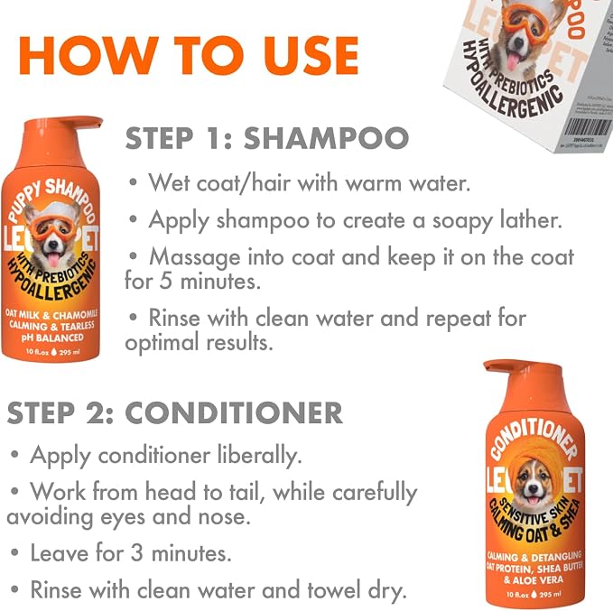 Puppy Shampoo and Conditioner Set Hypoallergenic, Tearless, pH Balanced Dog Shampoo for Puppies Oat Milk, Chamomile & Prebiotics Puppy Shampoo for Sensitive Skin Sulfate Free, Paraben Free 2×10 fl oz