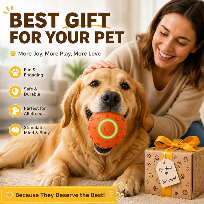 Interactive Dog Toy Ball, Durable Motion Activated Automatic Moving Ball for Small/Medium/Large Dogs, Rechargeable Dog Ball with LED Lights, 2 Play Modes to Keep Your Dog Busy (Orange)
