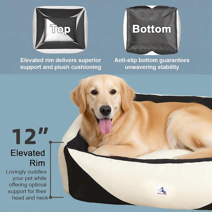 Cotton Canvas Dog Bed, Dog Beds Large Sized Dog, Orthopedic Bed with Washable Removable Cover, Durable 290 GSM Cotton Anti-Chewing Pet Bed with Anti-Slip Bottom (38"x30"x12", Black&White)