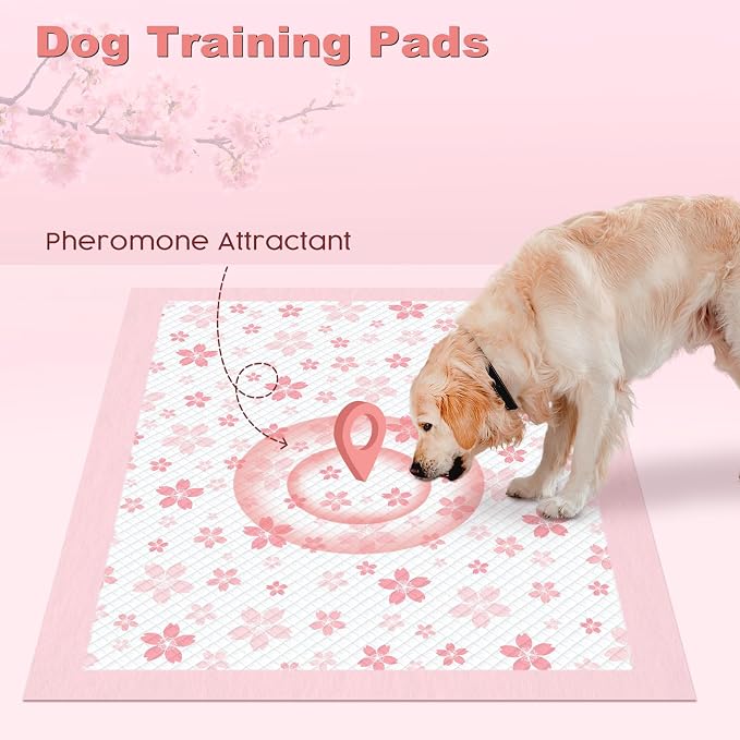 MIZOK Dog Pee Pads Extra Large 28"x34", Potty Pads for Big Dog Breeds, Super Absorbent & Leak-Proof, Pink Cherry Blossom Prints, Thick & Heavy, 4-Corner Adhesive Tabs, XL (30 Counts)