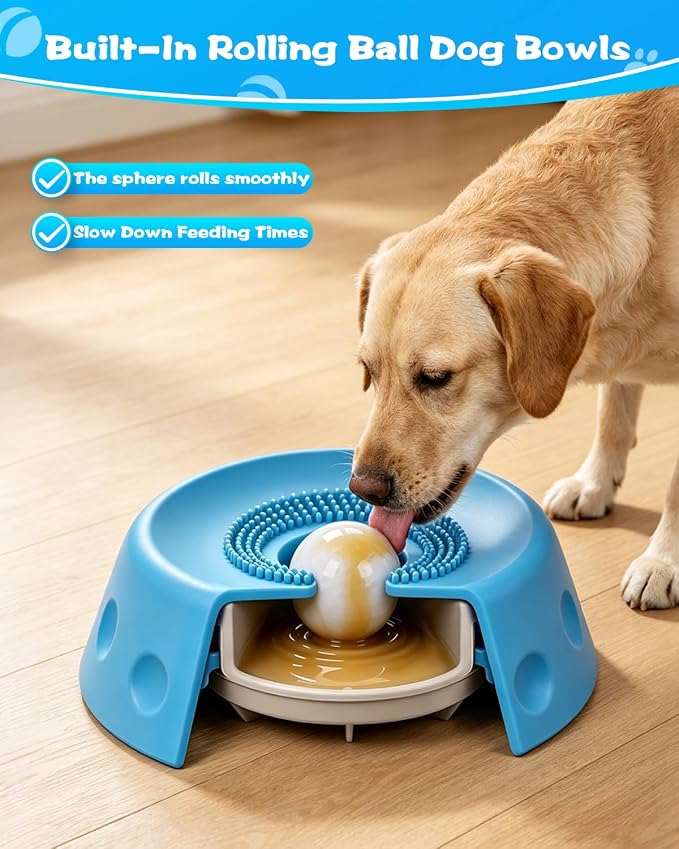 Slow Feeder Dog Bowl with Rolling Ball, Interactive Lick Bowl for Dogs & Cats, Anti-Slip Silicone Lick Mat for Liquid Treat, Wet Food, Bone Broth, Enrichment Toy for Small Medium Large Dogs