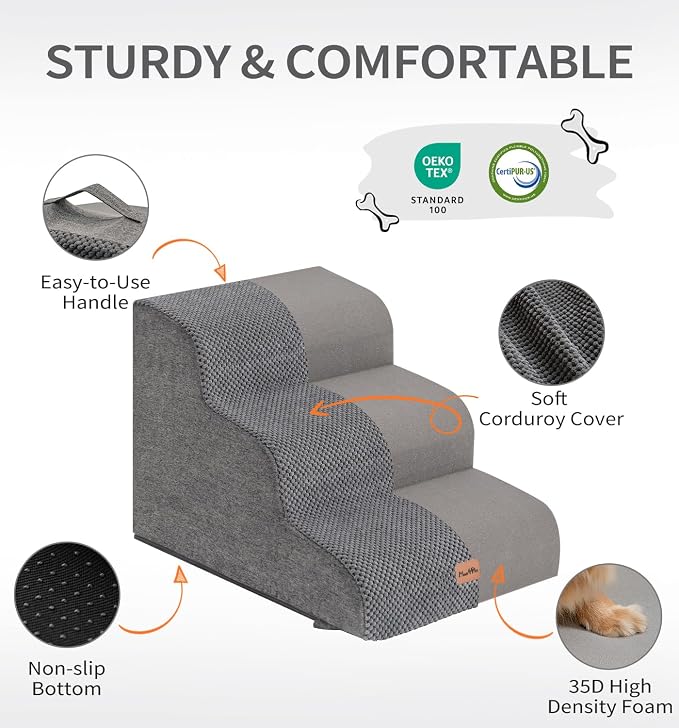 Made4Pets Dog Stairs Ramp for Small Dogs 15.7" H, 3-Step Dog Steps for Bed Couch Sofa and Chair, 35D Foam Pet Steps for Small Dogs and Cats, Non-Slip Bottom Pet Stairs, Grey