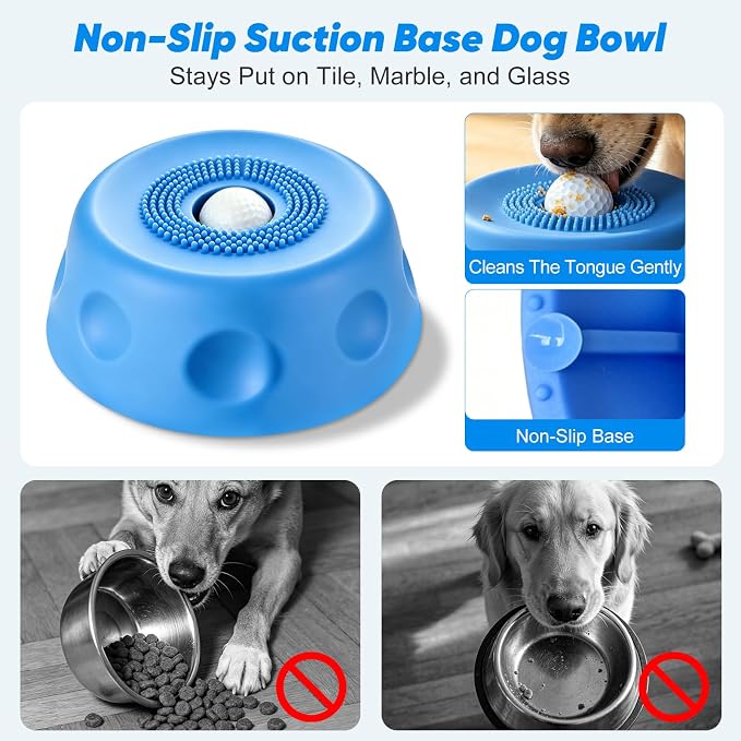 Dog Cat Lick Bowl with Rolling Ball, Slow Feeder Interactive Silicone Bowl with Suction Cup Base, Chew-Resistant for Wet Food & Treats, Easy Clean, 8.5oz/250ml, Blue