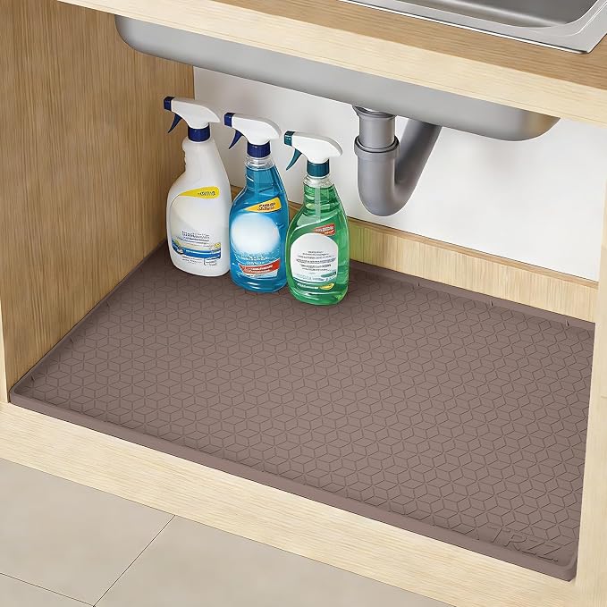 TRZZ Silicone Waterproof Under Sink Mat 31" x 22", Drip Tray and Cabinet Liner for Kitchen and Bathroom, Prevents Water Damage and Organizes Cabinets (Brown)