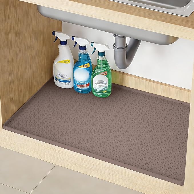 TRZZ Silicone Waterproof Under Sink Mat 34" x 19", Drip Tray and Cabinet Liner for Kitchen and Bathroom, Prevents Water Damage and Organizes Cabinets (Brown)