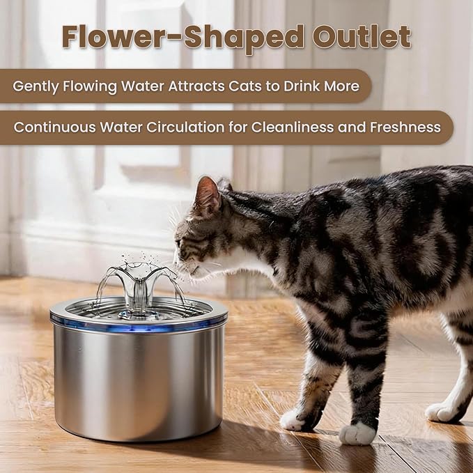 Cat Water Fountain Stainless Steel, 74oz/2.2L Automatic Pet Fountain with 3 Replacement Filters, Ultra Quiet Water Dispenser for Cats Indoor, LED Monitoring Water Level, Easy Clean