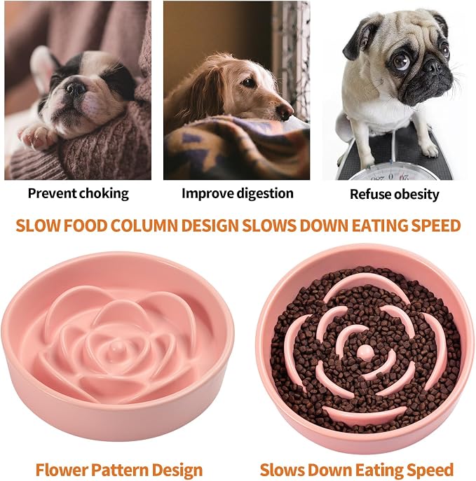 Pink Ceramic Slow Feeder Dog Bowl for Small and Medium Breed,Elevated/Raised 6.1 in Slow Feeding Bowl,Puzzle Dog Food Bowl for Fast Eater,Maze Dish for Fast Eater