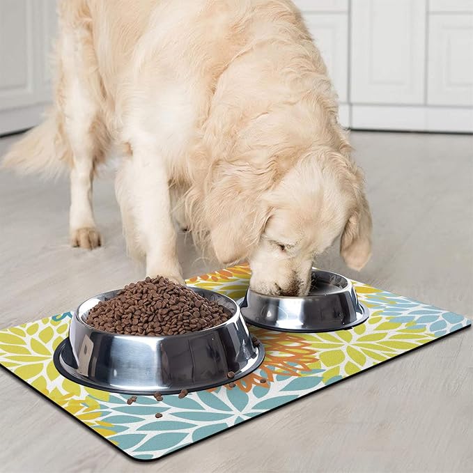 Dog Food Mats for Floors, Absorbent and Quick-Drying Pet Cat Food Mat,Anti-Fouling and Easy-to-Clean Pet Feeding Mat,Dog Bowl Mat for Messy Drinking Water Bowls.17x32, Bohemia Dahlia Floral Style