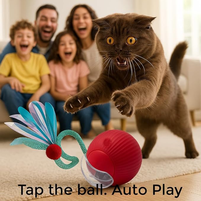Cat Toys for Indoor Cats – Automatic Kitten Interactive Toy with Speedy Ball Tail as Pet Mental Stimulation - Kittens Small Dogs and Bored Adult Dog Balls to Keep Them Busy as Enrichment - Red
