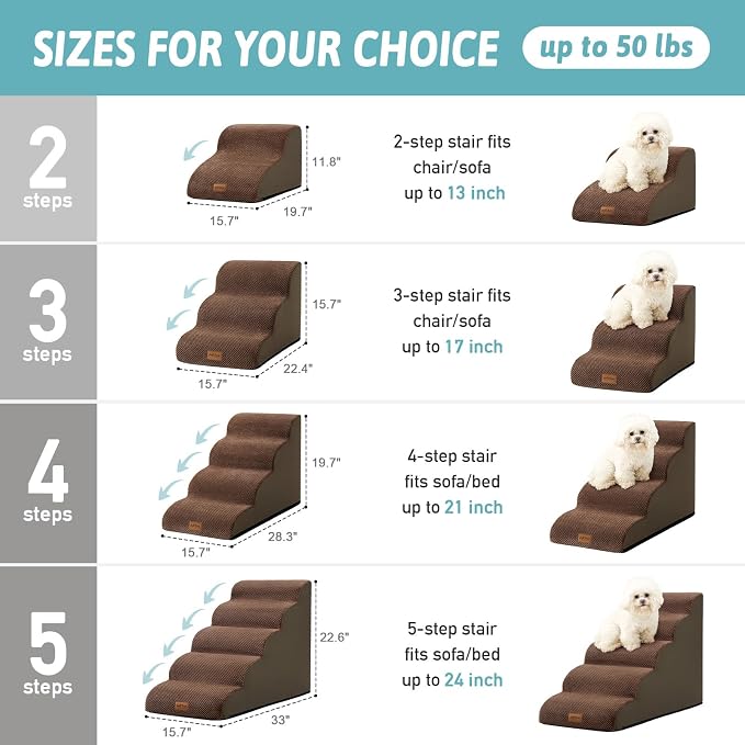 COZY KISS Dog Stairs for Small Dogs 11.8" H, Pet Step with Leakproof Cover, High Density Foam Cat Ramp for Chair or Sofa, Lightweight, Durable, Comfort, 15.7x19.7x11.8 inch, 2 Step, Brown